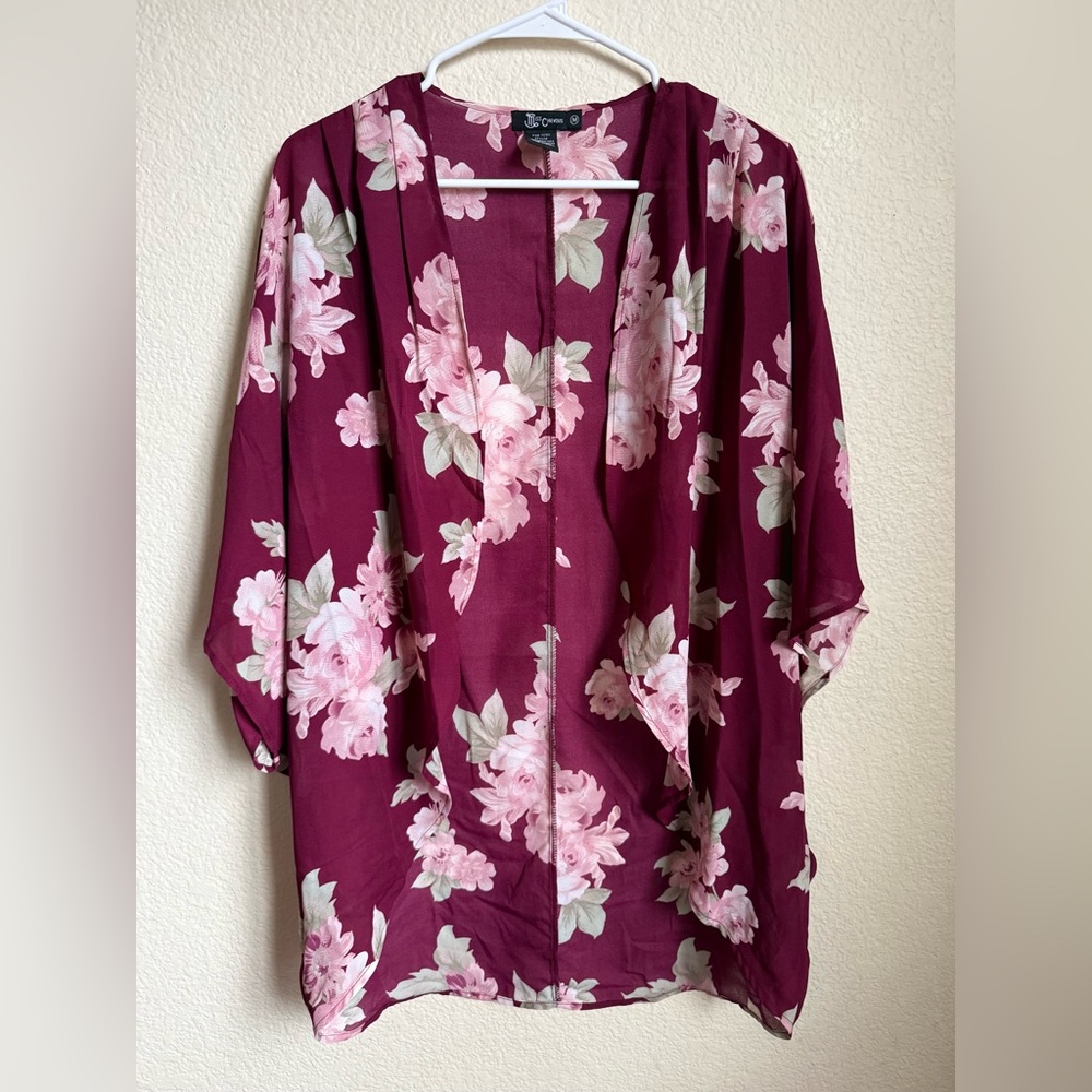 Miss Chievous Burgundy and Pink Floral Kimono Robe